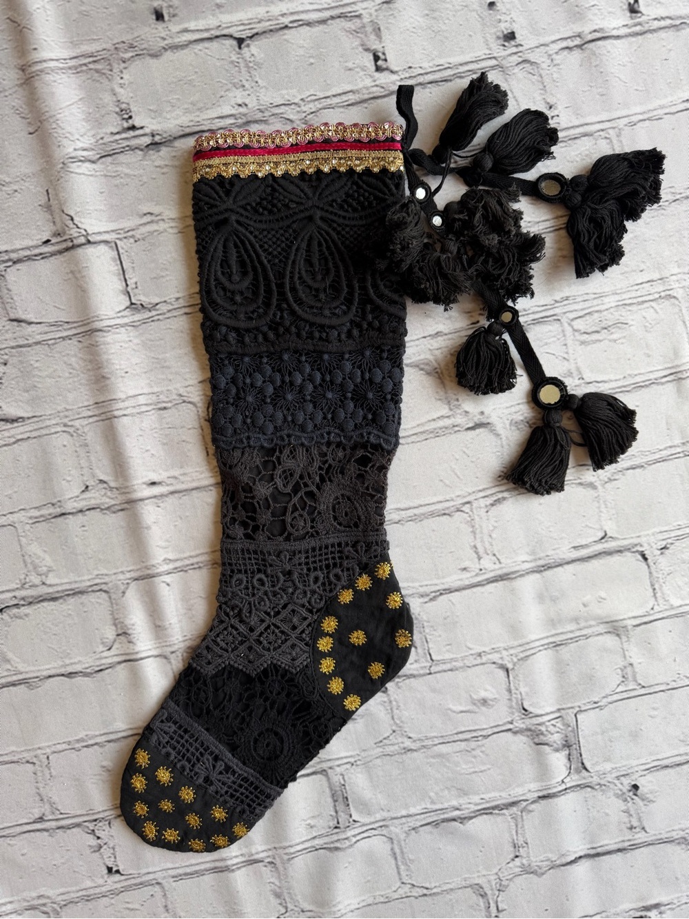 Free People One Holiday Decor Stocking Ornate Eyelet Bohemian Boho Hippie Lace